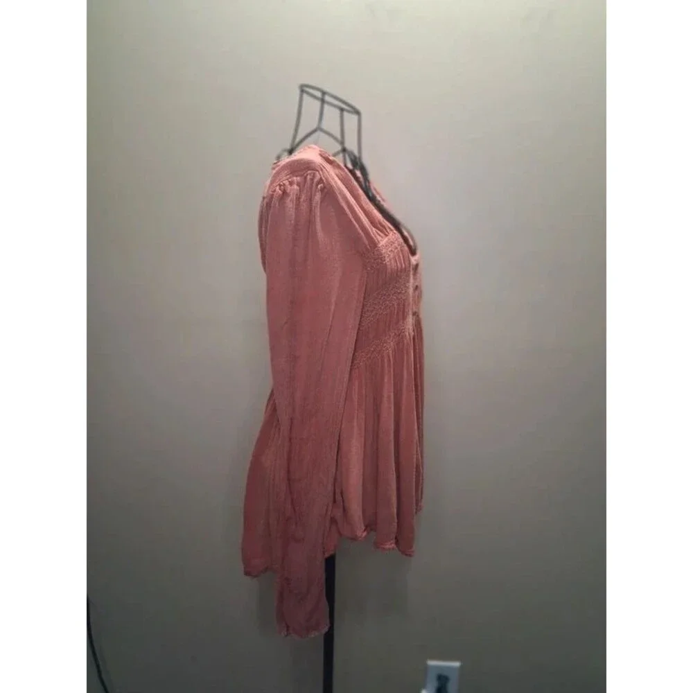 Y2K Vintage Smocked Peasant Tunic Top S/P Rose Brown Boho